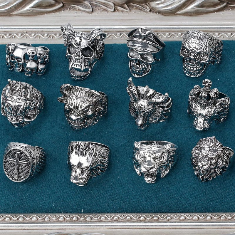MollyQueen 12 Pieces Vintage Punk Rings Set, Stainless Steel Gothic Biker Adjustable Rings Skeleton Skull Tiger Ring Drgon Lion Head Ring - Image 4